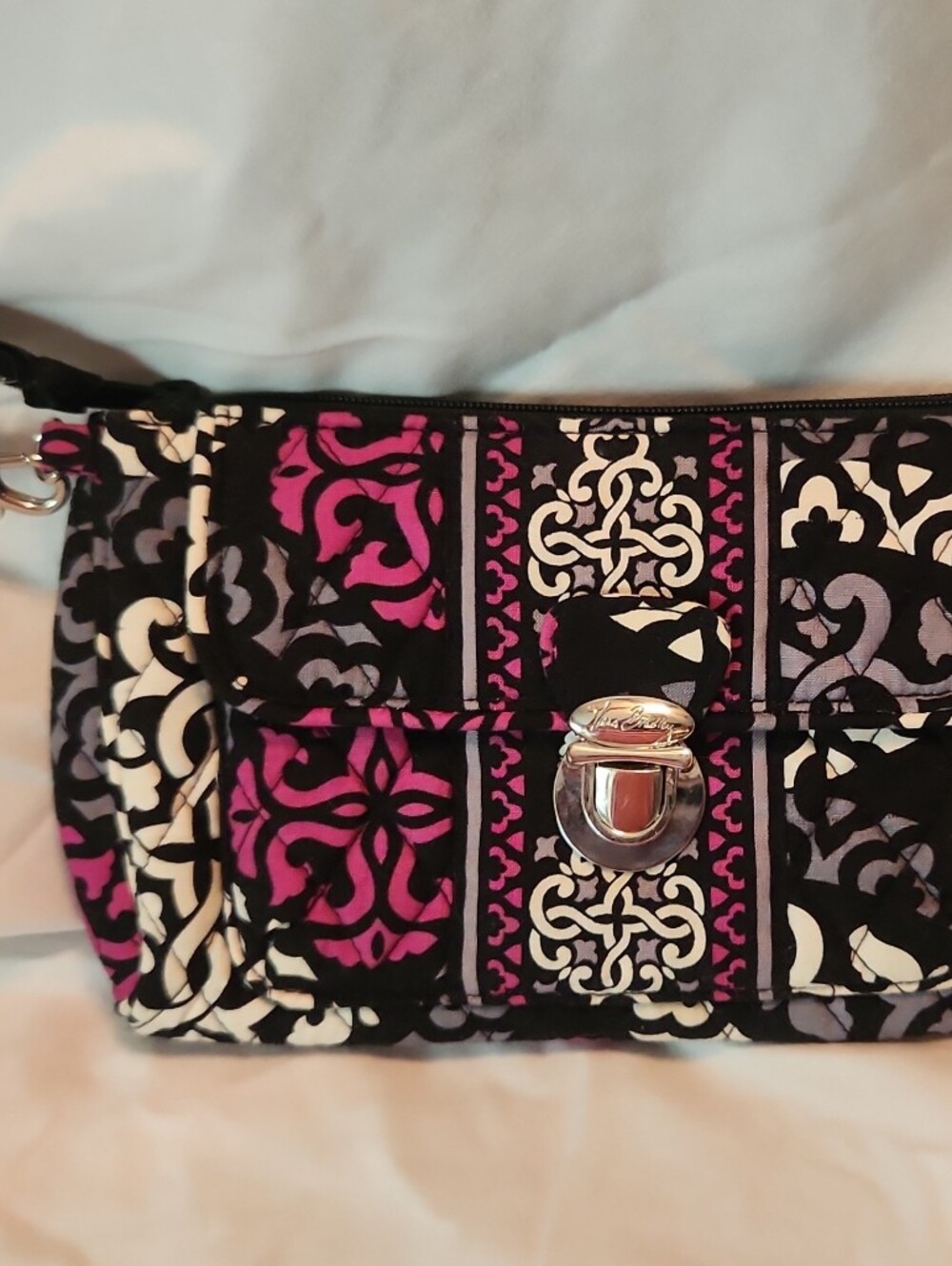 Vera Bradley Quilted Wristlet in Black, Pink & White Tile Print